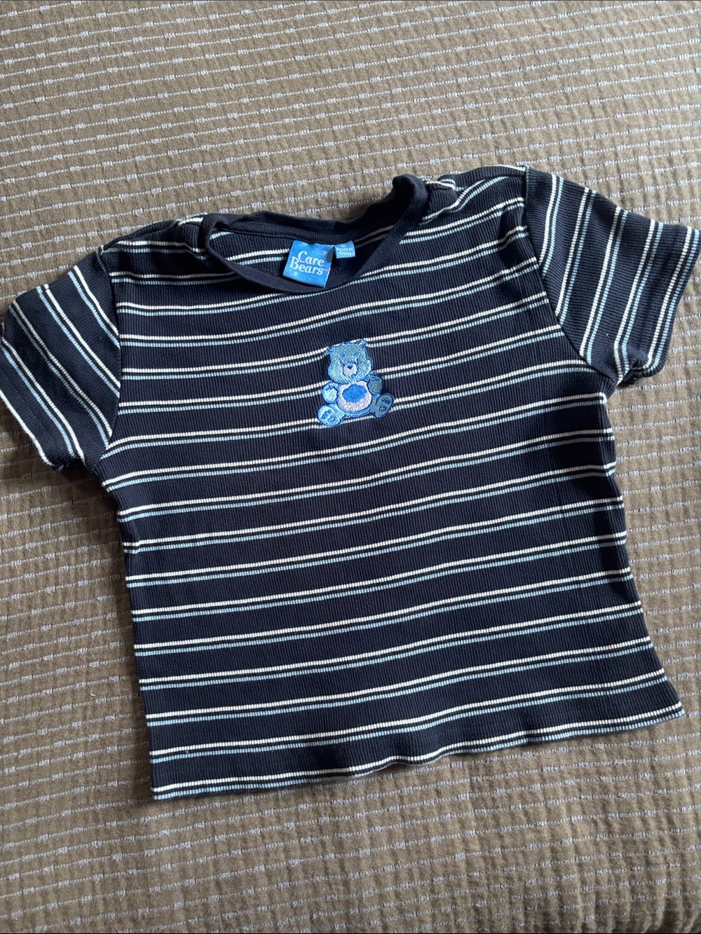 Care Bears Grumpy Bear Embroidered Striped Ribbed Baby Tee Juniors XL